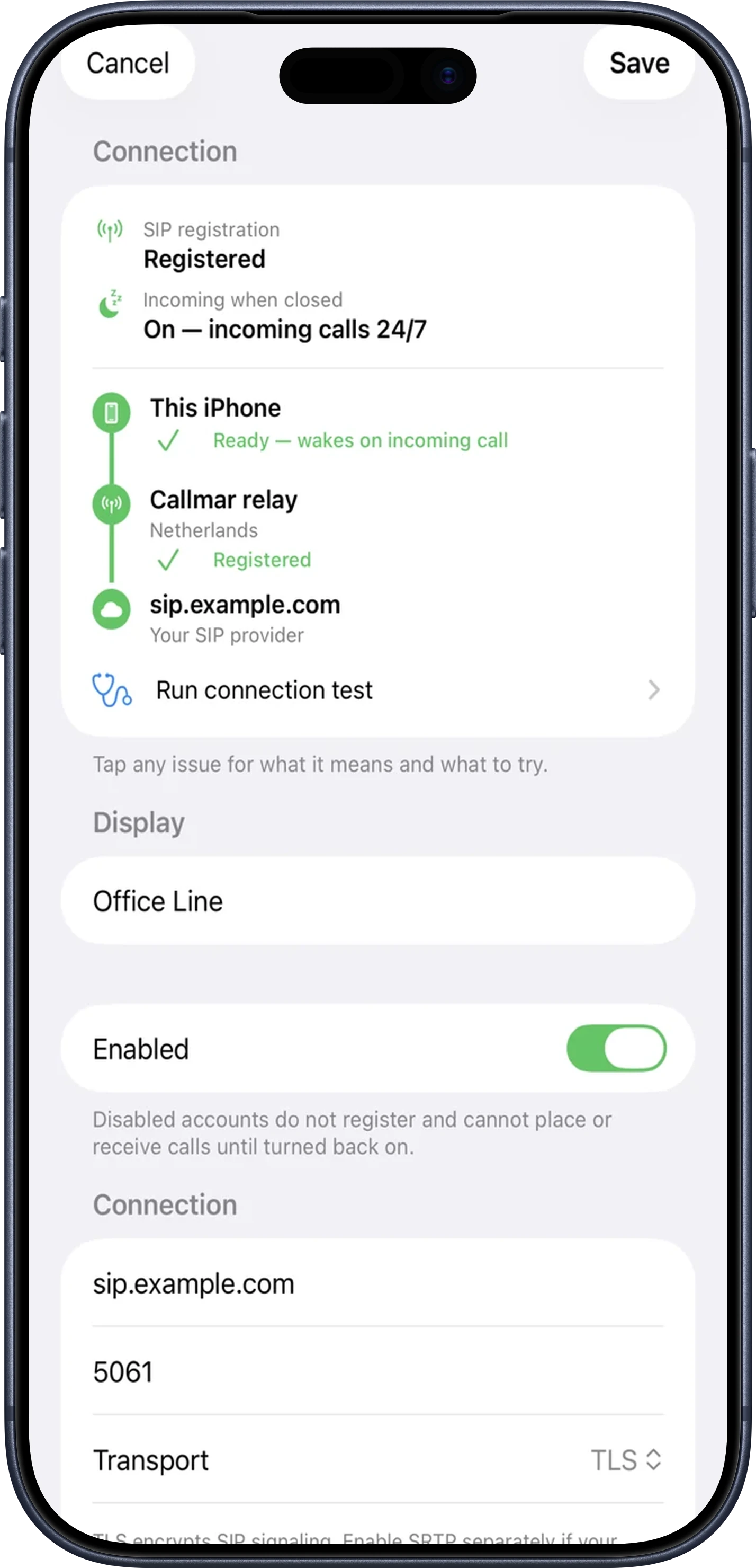 Редактор SIP-аккаунта Callmar — эталон настройки линии